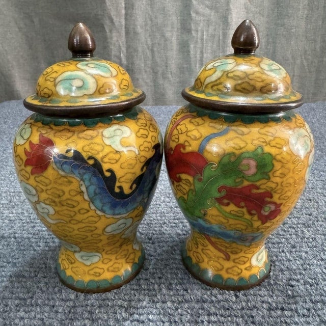 Pair of Vintage Cloisonné Enamel Dragon & Phoenix Ginger Jars For Sale - Image 4 of 6