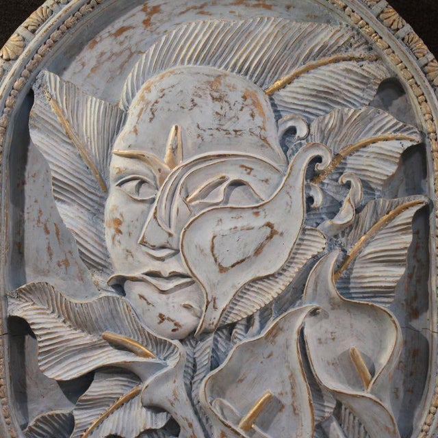 Bas-Relief Sculpture of Stylized Face with Flowers, 20th Century, Wood For Sale - Image 3 of 12