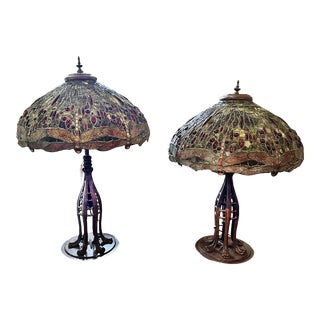 Pair of Vintage Art Nouveau Tiffany Style Lamps With Hand Leaded Glass Shades For Sale