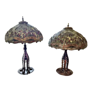 Pair of Vintage Art Nouveau Tiffany Style Lamps With Hand Leaded Glass Shades