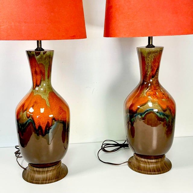 1960s Vintage Boho Chic Glazed Drip Ceramic Table Lamps - A Pair, New Shades. For Sale - Image 11 of 15