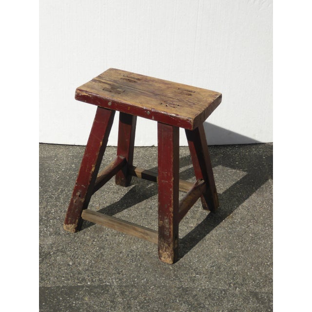 Vintage French Country Farmhouse Rustic Red Stool For Sale - Image 4 of 12