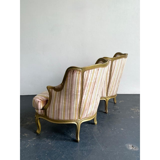Vintage French Giltwood Striped Devore Bergère Chairs - A Pair For Sale - Image 10 of 18