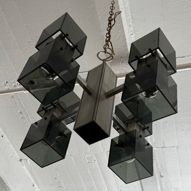 Mid-Century Modern Late 20th Century Brutalist Smoked Plexiglass "Ice Cube" Chrome Chandelier For Sale - Image 3 of 6