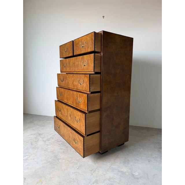 Mid-Century Modern 1970’s Vintage John Widdicomb Campaign Burled Wood Highboy Dresser on Casters With Recessed Brass Hardware For Sale - Image 3 of 13