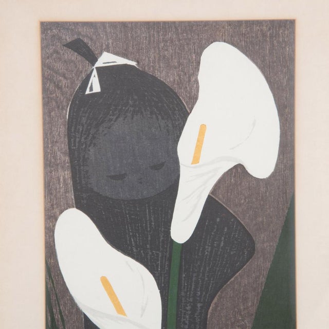 An original framed and matted color woodcut on paper by Japanese artist Kaoru Kawano (1916-1965). The woodcut represents a...