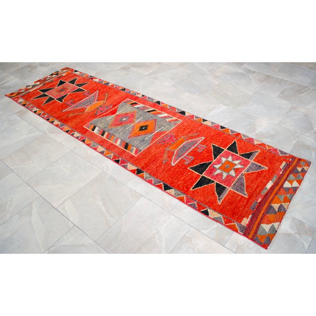 3x10 Ft Vintage Hand-Knotted Tribal Hallway Decor Ancient Alien Motif Rug for Hallway Kitchen Decor Turkish Rug Runner For Sale - Image 6 of 15