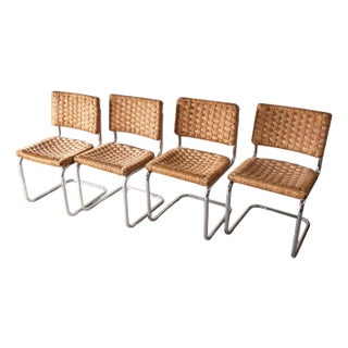 1970s Mid-Century Natural Woven and Chrome Cesca Cantilever Dining Chairs, Set of Four For Sale