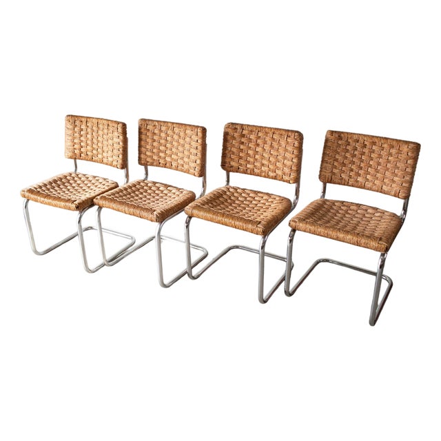 1970s Mid-Century Natural Woven and Chrome Cesca Cantilever Dining Chairs, Set of Four For Sale