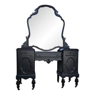 1930's Black Vanity With Mirror, Vintage Parisian Style For Sale