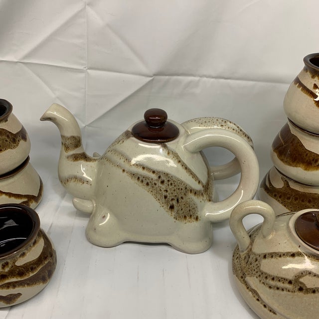 Vintage C. 1970s Handmade Stoneware Elephant Tea Set With Sugar Bowl, Brown and Cream Glaze - Set of 8 For Sale - Image 4 of 10