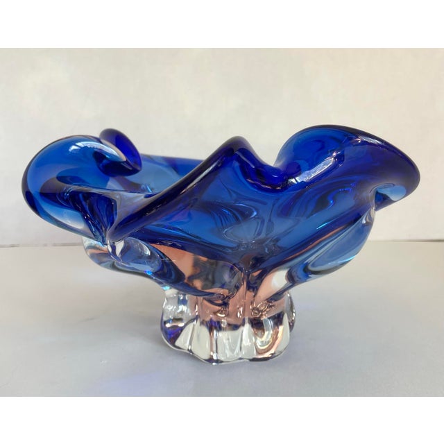 Blue Vintage Bohemia Czech Cobalt Blue & Pink Art Glass Centerpiece Bowl For Sale - Image 8 of 11