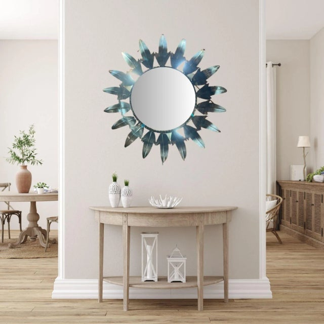 Mid-Century Modern Mid-Century Round Wrought Iron Sheet Sun-Shaped Wall Mirror, 1950s For Sale - Image 3 of 7