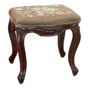 Antique French Louis XV Walnut Footstool With Needlepoint