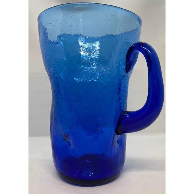 Mid 20th Century Mid-Century West Virginia Bischoff Glass Company Cobalt Blue Crackle Glass Pitcher For Sale - Image 5 of 12