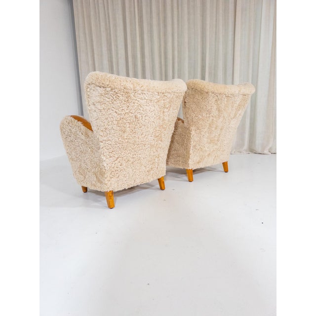 Wood Swedish Modern Sheepskin Lounge Chairs, 1940s, Set of 2 For Sale - Image 7 of 12