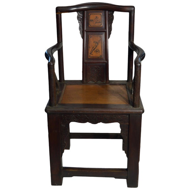 Chinese Hand-Carved Yumu Wood Armchair With Painted Scenes For Sale