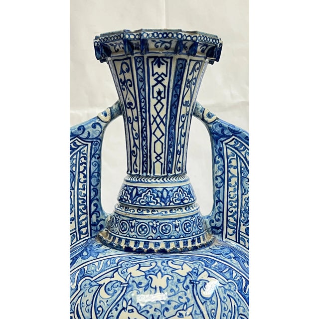 Metal Antique Blue and White Ceramic Alhambra Vase and Iron Stand For Sale - Image 7 of 12