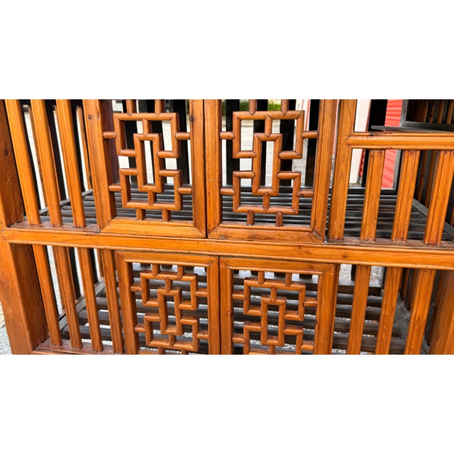 Vintage Chinese Carved Wood Food Cabinet With Figural Panels & Geometric Latticework For Sale - Image 12 of 14