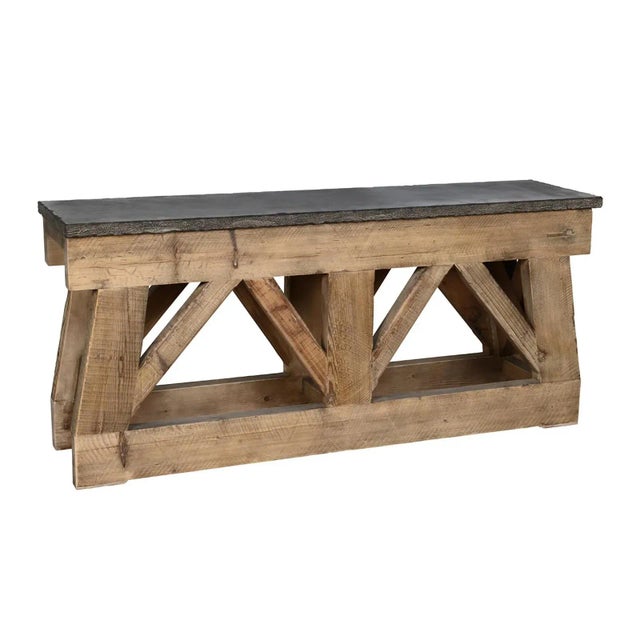 Stunning natural greystone slate matte polished top console table with sturdy reclaimed pine farm wood base. Hand...