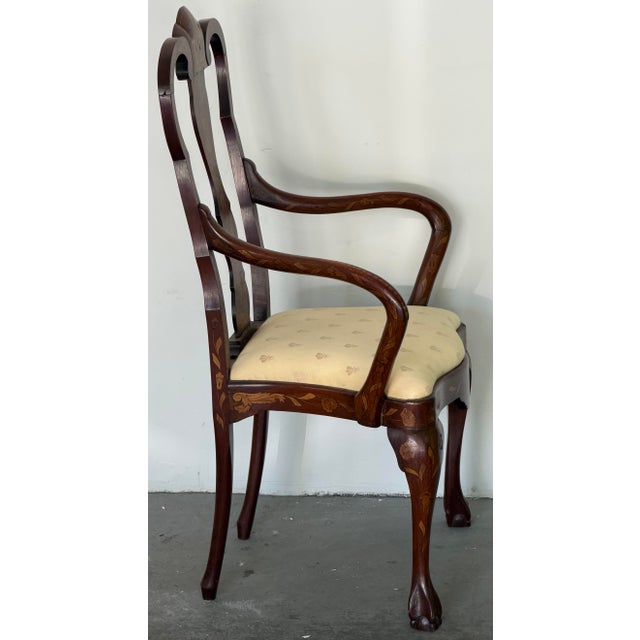 English Antique Dutch Marquetry Mahogany Open Armchair With Bird & Floral Inlay, Late 19th Century For Sale - Image 3 of 12