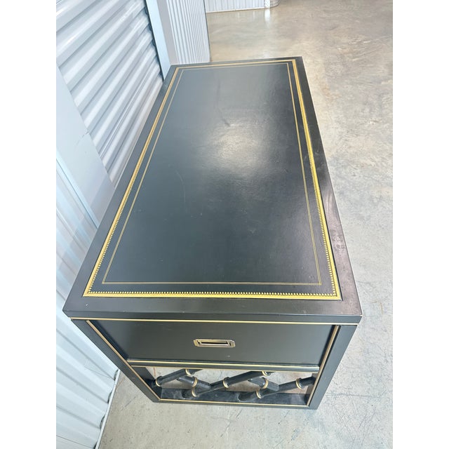 Vintage Sligh Furniture Black Lacquer Campaign Desk With Gold-Tooled Leather Top & Faux Bamboo Base For Sale - Image 9 of 15