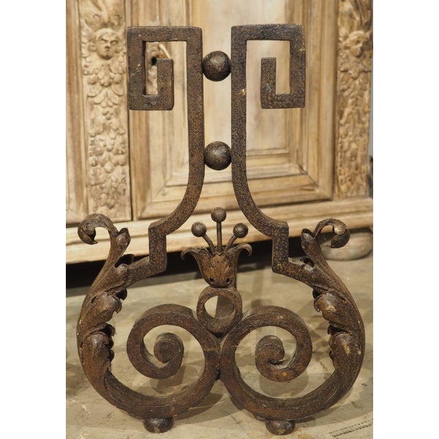 1940s Pair of Decorative French 1940s Wrought Iron and Tole Fireplace Chenets For Sale - Image 5 of 18