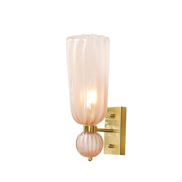 Modernist Hand-Blown Fluted Murano Glass Sconces W/ Orbital Drop in Frosted Rose For Sale - Image 4 of 12