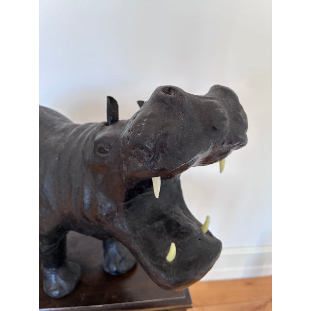 Animal Skin Large Vintage Handcrafted Leather Hippopotamus Statue For Sale - Image 7 of 10