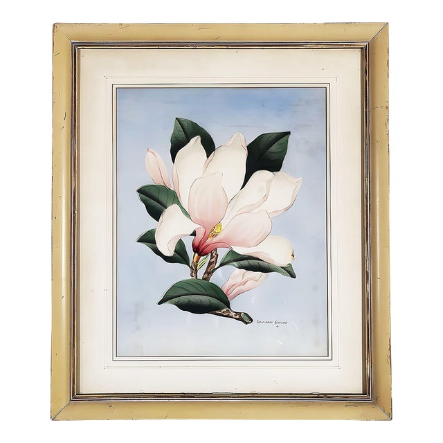 White/Pink Magnolia Watercolor Painting on Paper Signed Shirrell Graves, Framed For Sale