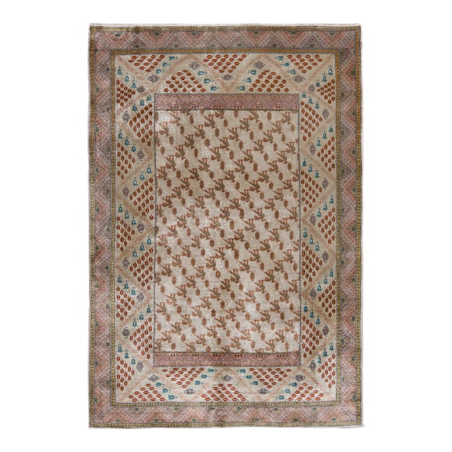 Hand-Knotted Antique Hereke Rug in Beige and Pink Geometric Pattern For Sale