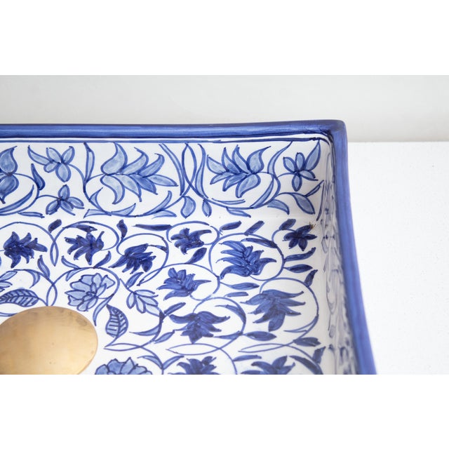 Custom Made Mini Rectangular Blue Bathroom Sink, Handmade Washbasin, Hand-Painted Vessel Sink For Sale - Image 6 of 10