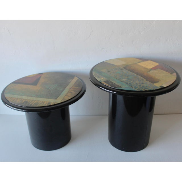 Paper 1980s Milano Memphis Style Circular Black Lacquered Painted Mushroom Nesting Side Tables - A Pair For Sale - Image 7 of 17