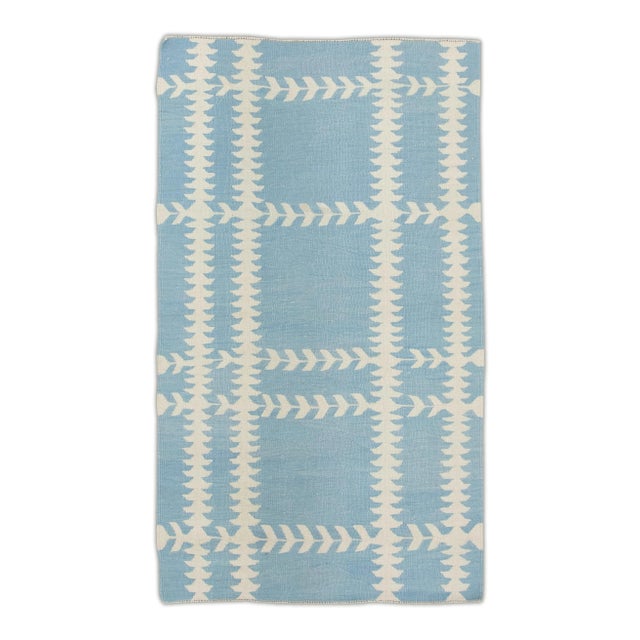 Sky Blue Geometric Design Handmade Modern Turkish Kilim Rug 12' X 15' For Sale In Houston - Image 6 of 6