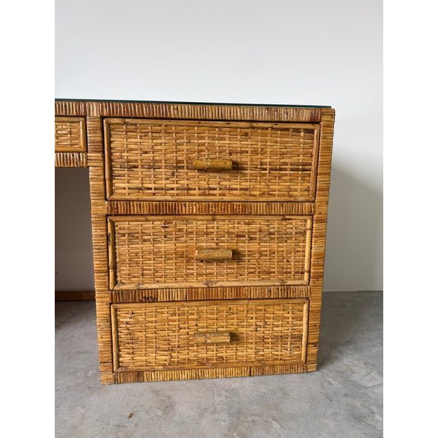 1970's Vintage Boho Coastal Wrapped Rattan Writing Desk For Sale - Image 4 of 18
