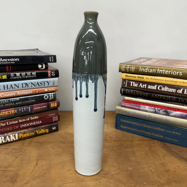 Rustic White Ceramic Vase with Gray-Blue Crackle Drip Glaze For Sale - Image 3 of 8