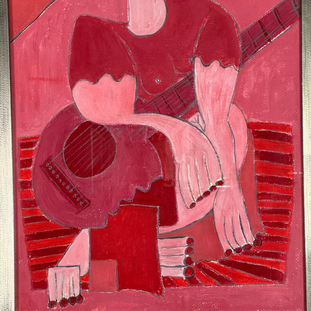 Stunning Red Hues Original Vintage Modern Oil/Board Cubist Painting of Woman With Guitar, Signed For Sale - Image 4 of 10