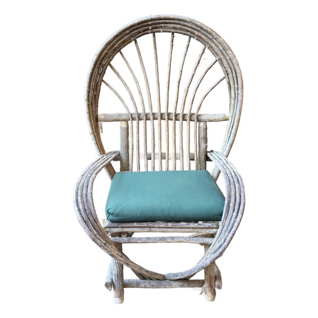 Vintage Rustic Bentwood Twig Hoop Back Armchair With Green Cushion For Sale