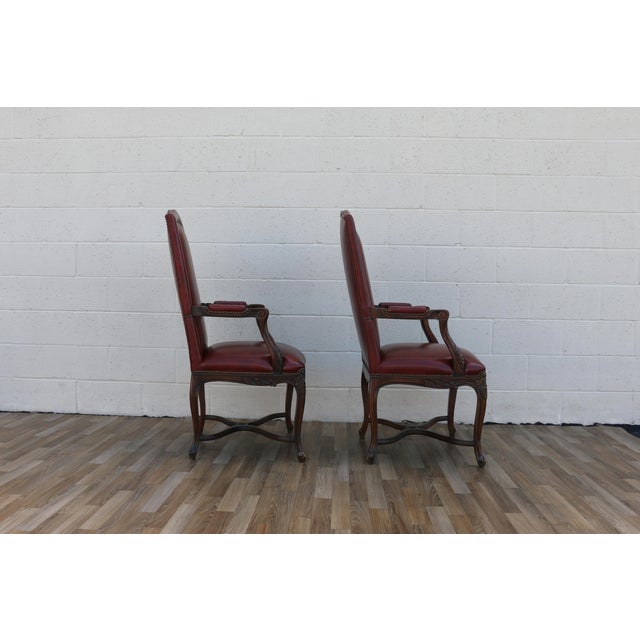 Pair of Vintage English Regency Style Leather Armchairs | Carved Wood Frame, Nailhead Trim For Sale - Image 10 of 18