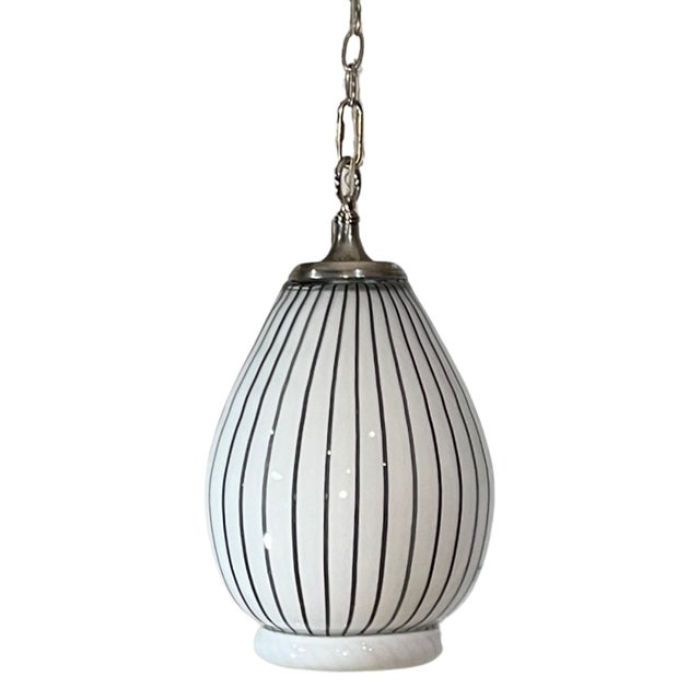 Vintage Murano Striscia Art Glass White Oval Pendant Light With Black Stripes For Sale - Image 15 of 18