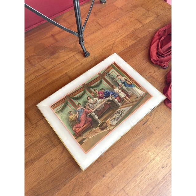 This Italian 19th century oil on alabastrer painting depicts an opulent interior in full ancient neoclassical Pompeian...