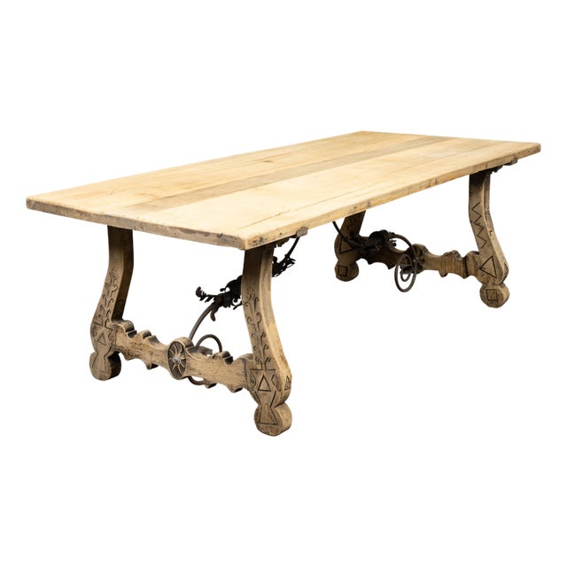 Italian 19th Century Bleached Oak Farm Table with Baroque Style Carved Base For Sale