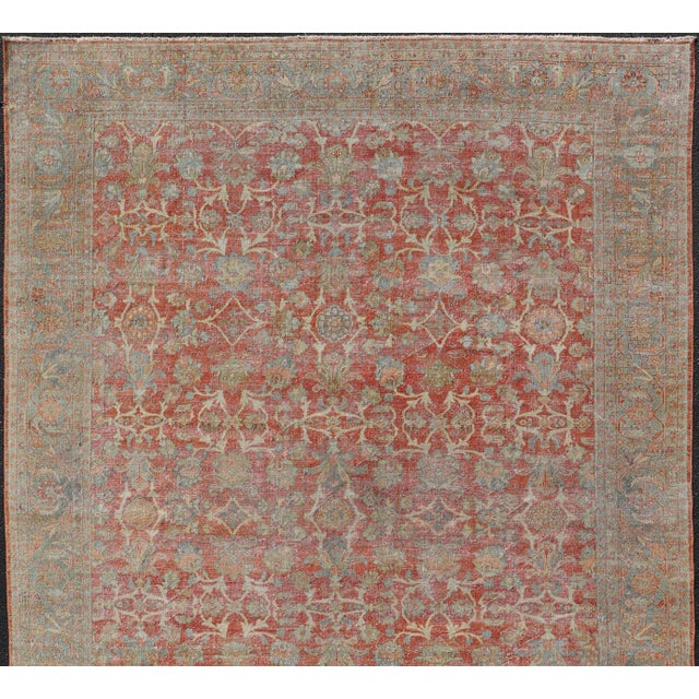 Antique Persian Sultanabad Rug With Floral Soft Red Field and Pale Blue Border For Sale - Image 12 of 15