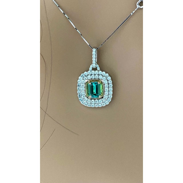 18 Karat Two-Tone Gold Emerald Double Row Diamond Pendant With 16" Chain For Sale - Image 4 of 7