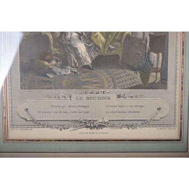 Antique Hand-Colored Engraving "Le Boudoir," P. Malœuvre After Freudenberg, 1774, Carved Giltwood Frame For Sale - Image 4 of 9