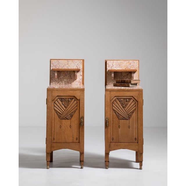 1910s Pair Of Art Noveau Side Tables With Marble Tops And Carved Panels For Sale - Image 12 of 17