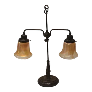 1910s Tiffany Studios Two Light Bronze Favrile Table Lamp