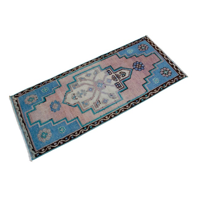 Vintage Small Rug Runner Hand Made Mat Turkish Rug Enrty Decor Bath Mat- 1′8″ × 4′1″ For Sale - Image 6 of 13