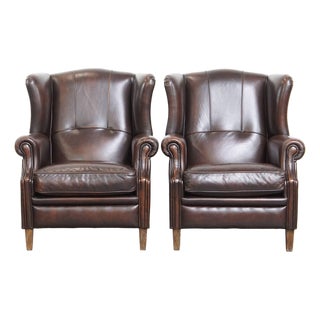 English-Style Wing Chairs in Cowhide, Set of 2 For Sale