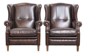 English-Style Wing Chairs in Cowhide, Set of 2